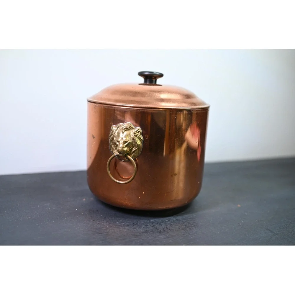 Vintage Copper Lions Head Handle Pot with Lid Decorative Planter Ice Bucket
